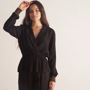 Just Female Lauren Blouse Black Long Sleeve Peplum Top Size small